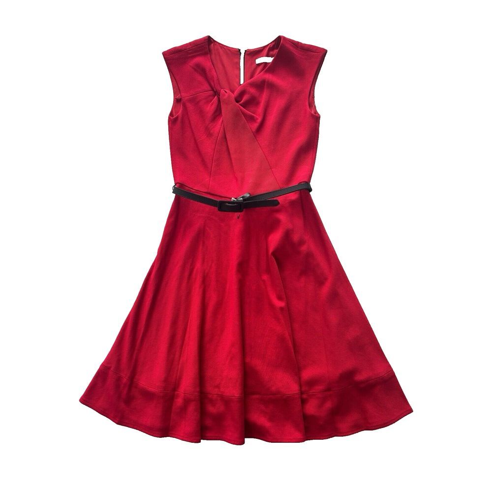 Eliza J Dress Womens 2‎ Red Belted Crewneck Fit & Flare Knee Length Twist Top
